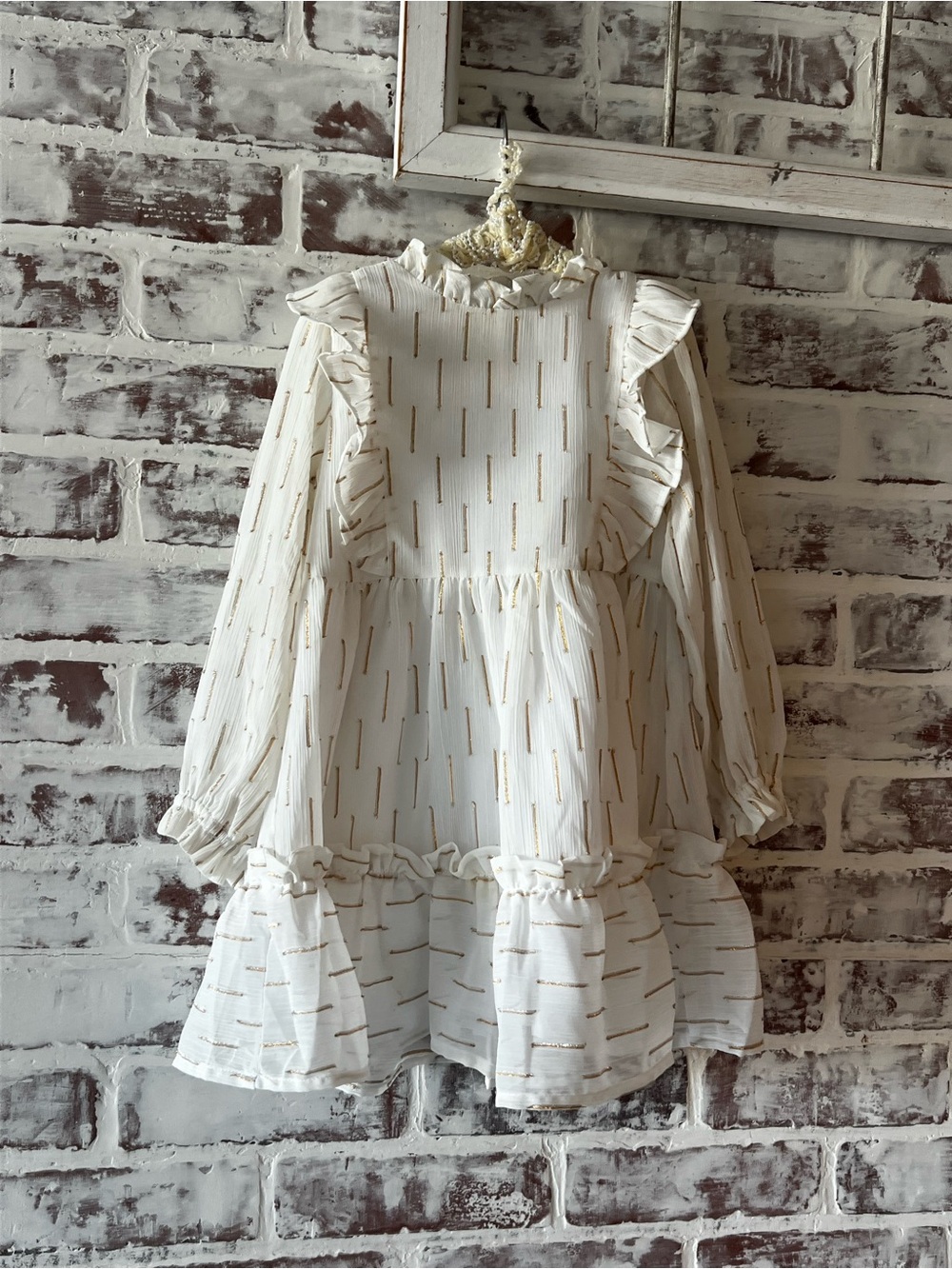 Janie and Jack Ivory Ruffle Long-Sleeve Dress with Gold Accent